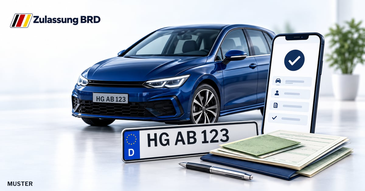 Online Fahrzeugzulassung in Oberursel (Taunus): Musterkennzeichen HG AB 123, Auto und Fahrzeugpapiere und Smartphone. Illustration mit Logo von Zulassung BRD.